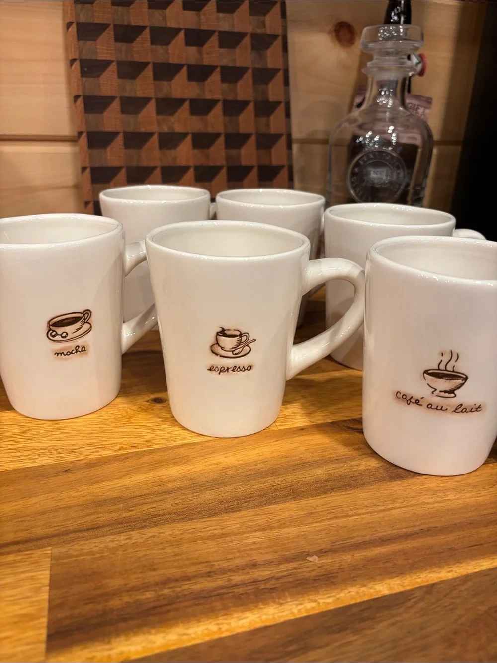 Williams Sonoma Ceramic Coffee Mug Set With Etched Graphics. Set of 6.